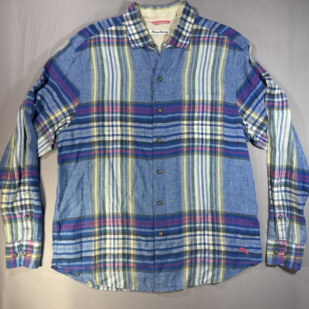 Tommy Bahama Plaid Linen Shirt Mens Medium Blue Marlin Summer Beach Casual